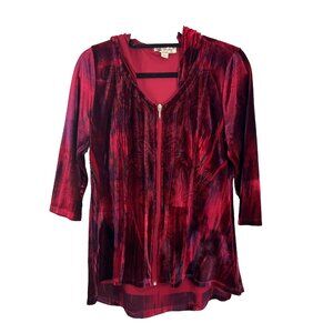 Unity World Wear Red and Black Paisley Patterned Velvet Cardigan Womens Size M